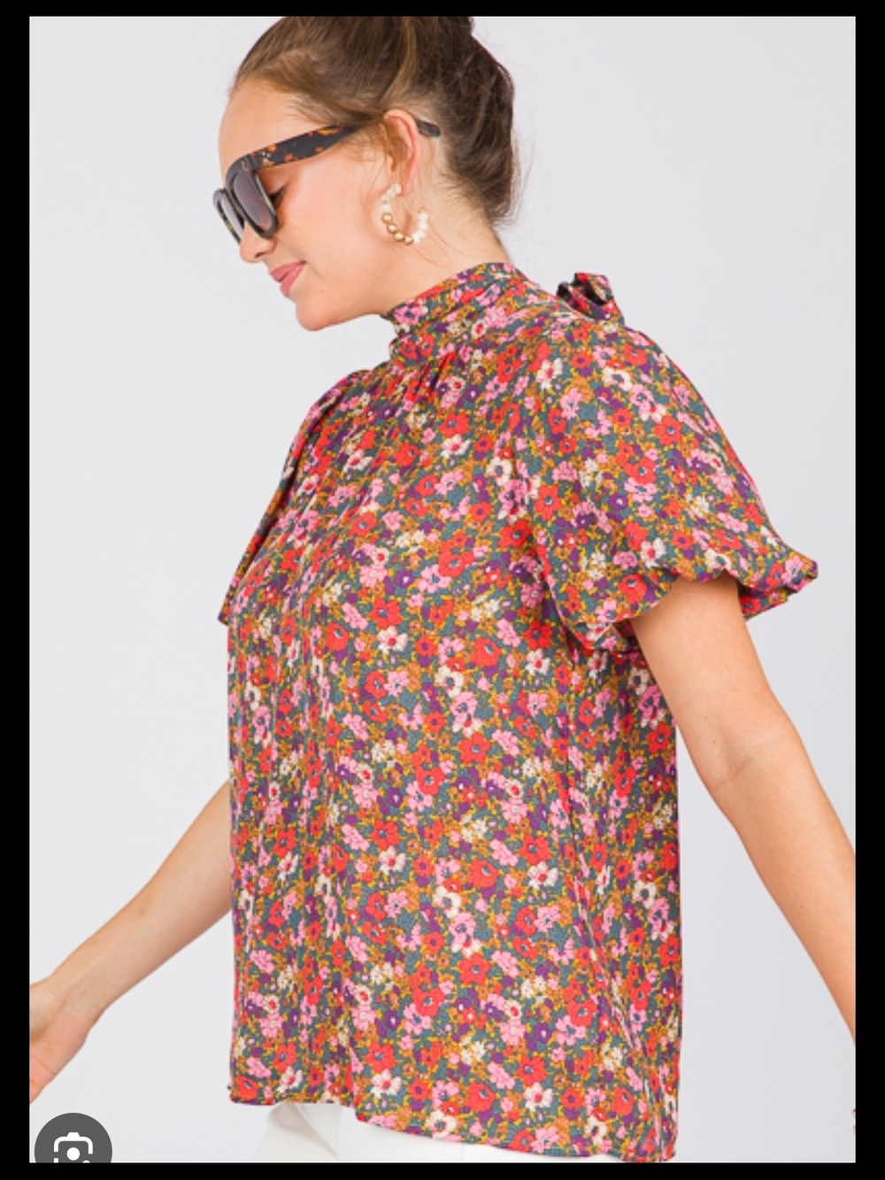 entro Floral Mock Neck Flutter Sleeve Blouse - Pink Multi Paired with a Cardigan